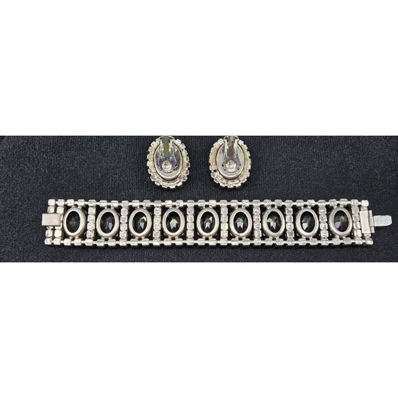 Vintage Smoke and Ice Crystal Rhinestone Bracelet & Earrings Set Oval - Picture 4 of 16